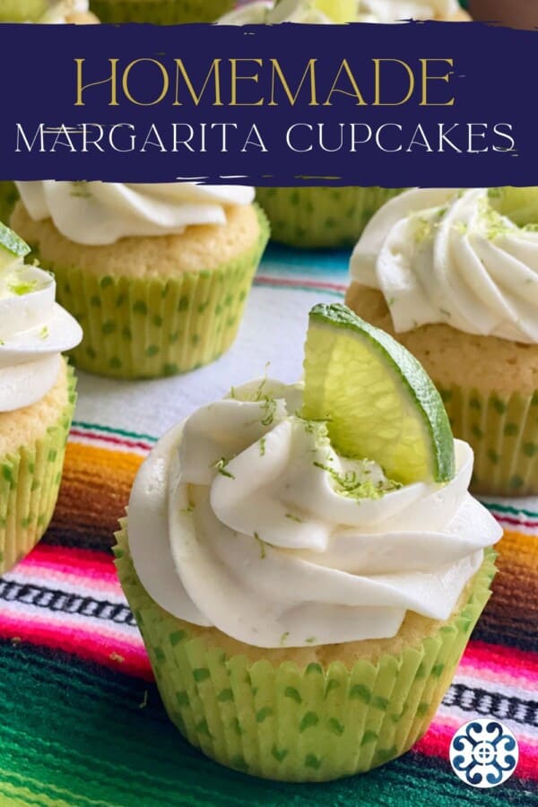 Four white cupcakes with white frosting and lime zest and lime on top in a lime green polka dot wrapper with recipe title text on image for Pinterest.