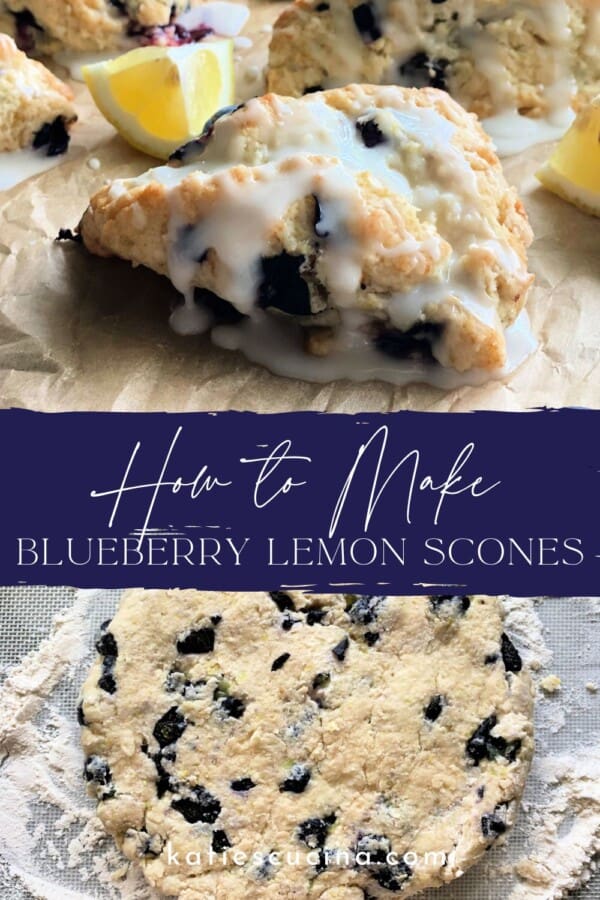 Baked scone with glaze on top dividied by recipe title text on image with round scone disc below.
