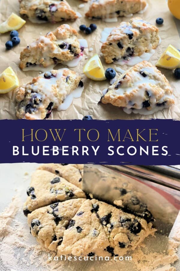 6 scones on brown paper divided by recipe title text for Pinterest, and raw scone dough with bench knife below.