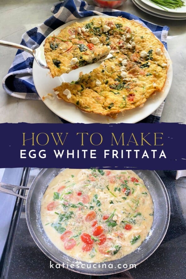 White plate filled egg frittata divided by recipe text title with black pan with egg whites cooking in it.