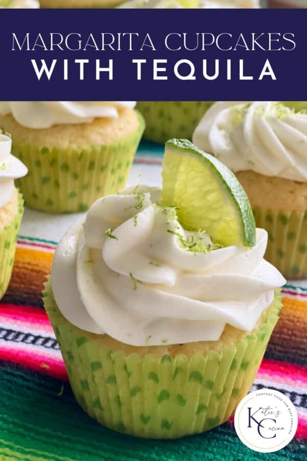 Four white cupcakes with white frosting and lime zest and lime on top in a lime green polka dot wrapper with recipe title text on image for Pinterest.