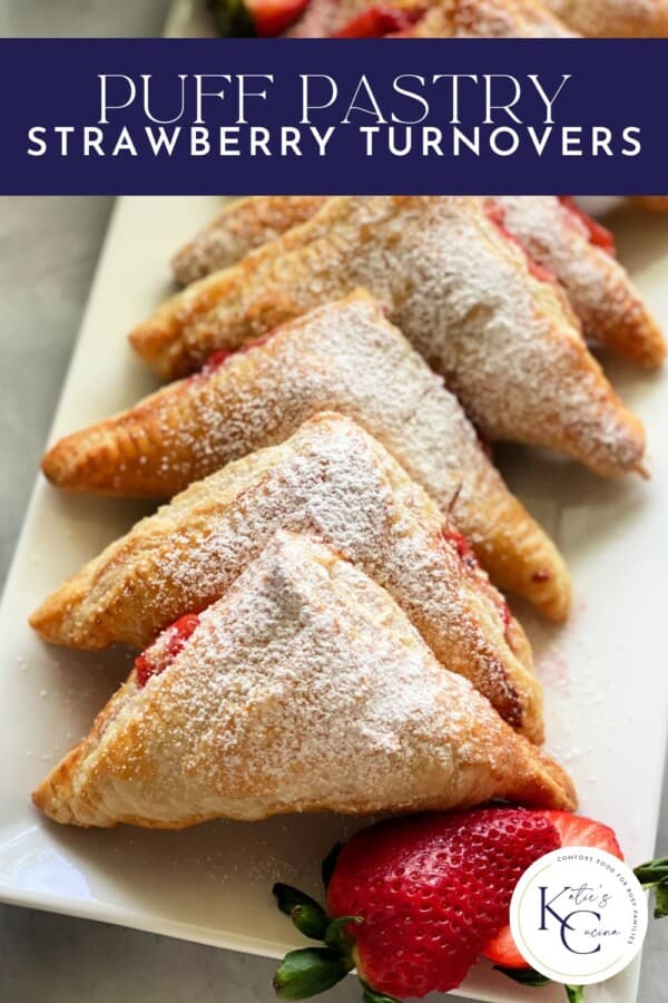 White tray filled with puff pastries with recipe title text on image for Pinterest.