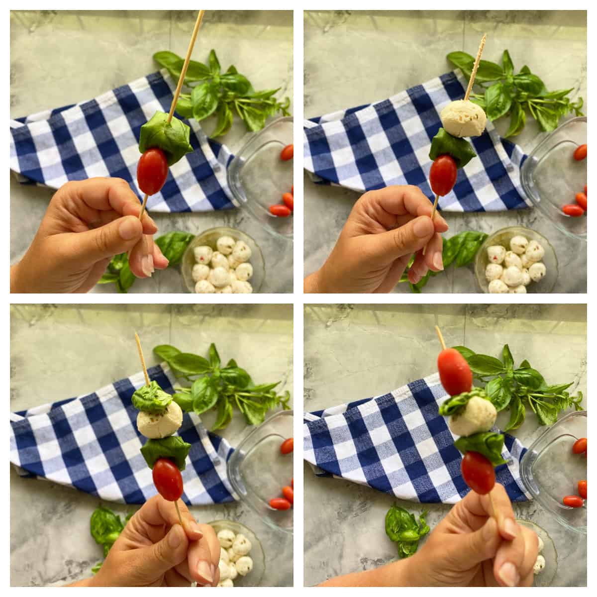 Four steps showing how to skewer grape tomatoes, mini mozzarella and basil leavess.