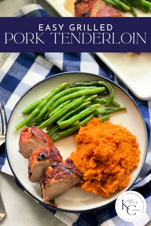 White round plate with sliced pork, mashed sweet potatoes, and green beans with recipe title text on image for Pinterest.