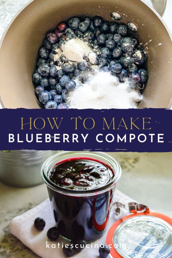 Pot full of bluebrries with sugar divided by recipe title text with a glass jar filled with blueberry jam below it.