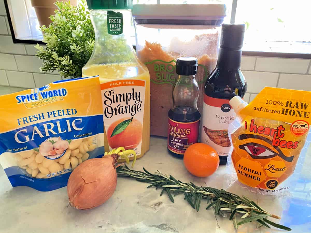 Ingredients on counter; garlic, onion, orange juice, brown sugar, honey, terriyaki, rosemary,and sesame oil.