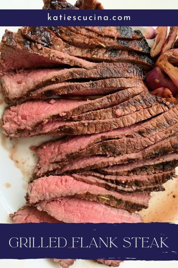 Thinly sliced rare steak on a white plate with recipe title text on image for Pinterest.