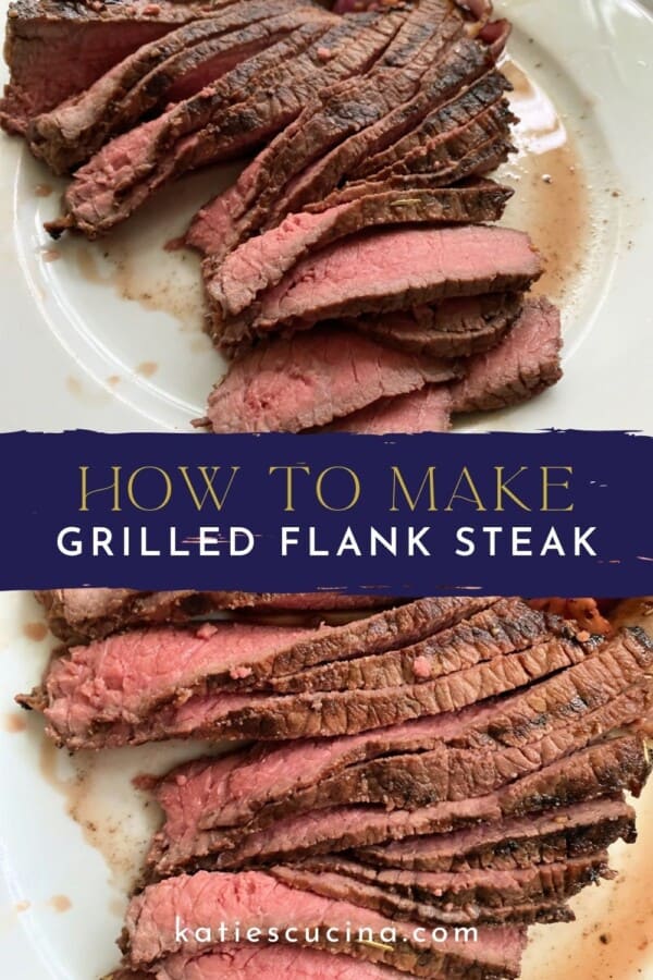 Sliced steak on a plate divided by recipe title text with close up for rare grilled steak.