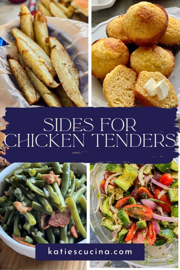 Potato wedges, cornbread, green beans, and cucumber salad with title text on image for Pinterest.