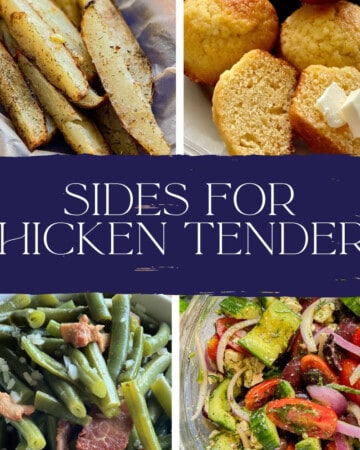 Potato wedges, cornbread, green beans, and cucumber tomato salad with text on image for Pinterest.