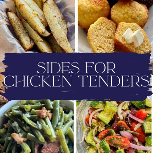 Potato wedges, cornbread, green beans, and cucumber tomato salad with text on image for Pinterest.