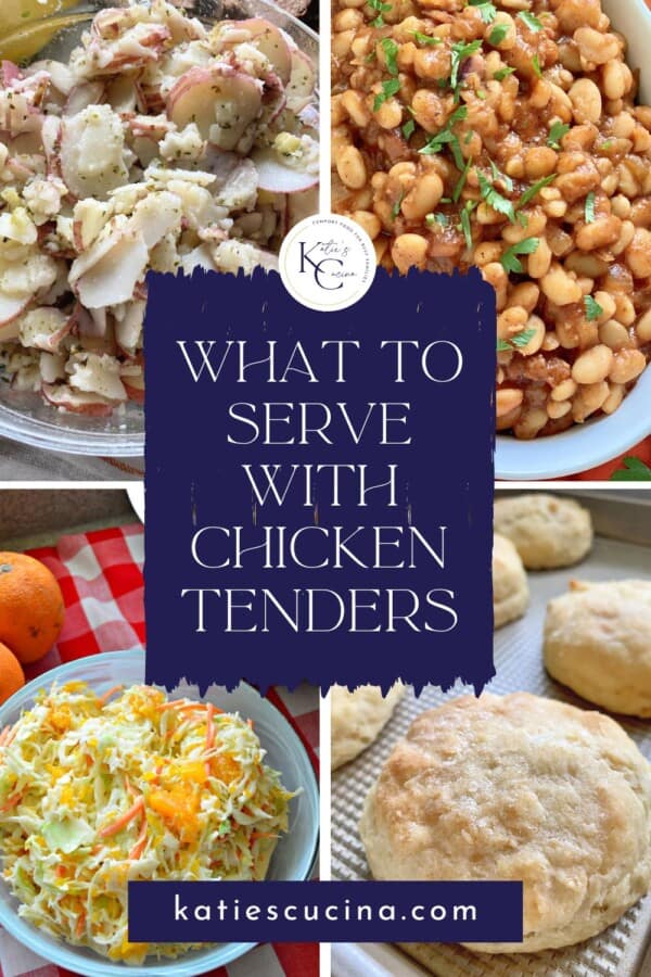 Potato salad, beans, coleslaw, and biscuits with text on image for Pinterest.