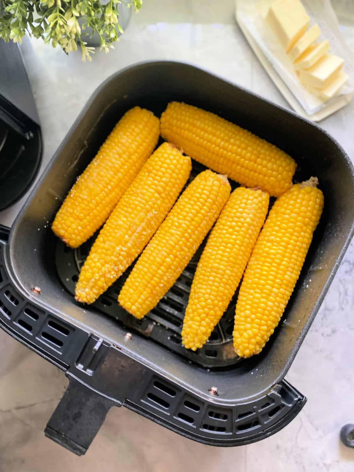 6 cooked corn on the cobs in a black air fryer basket with slices of butter on the side