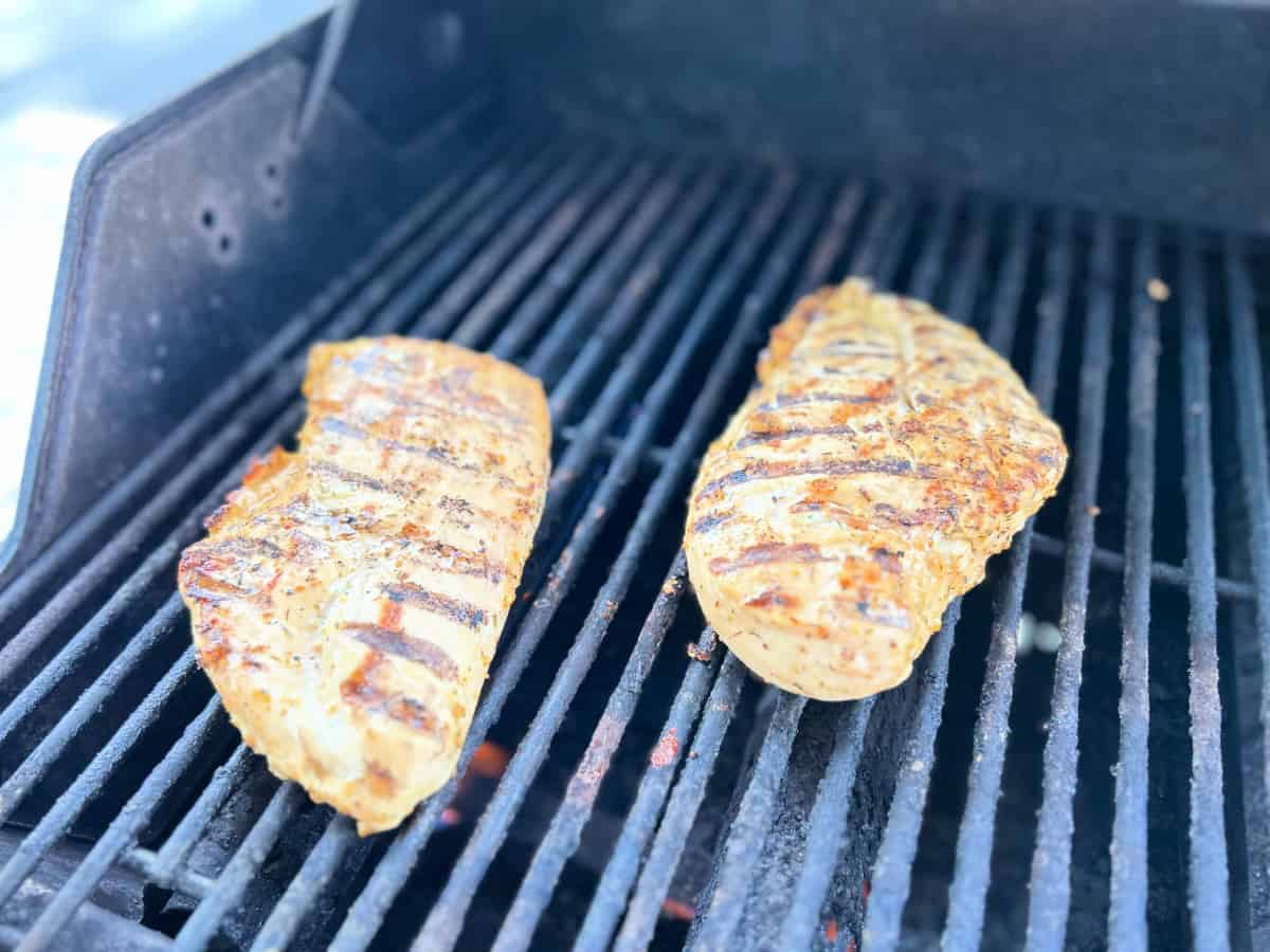 Two chicken breast on a black grill.