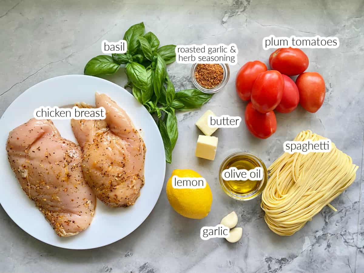 Lemon Bruschetta Pasta with Grilled Chicken from KatiesCucina.com
