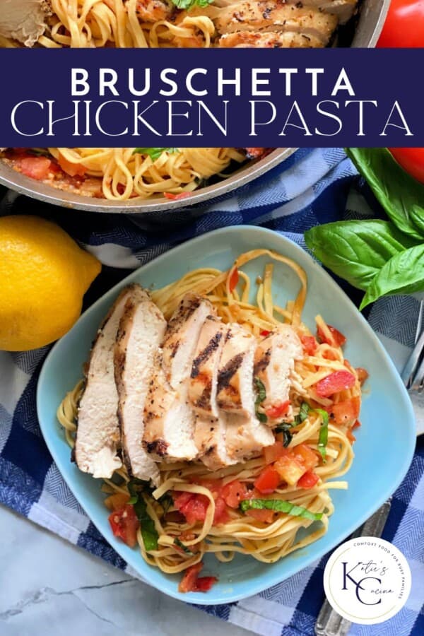 Blue square plate filled with pasta and chicken with recipe title text for Pinterest on image.