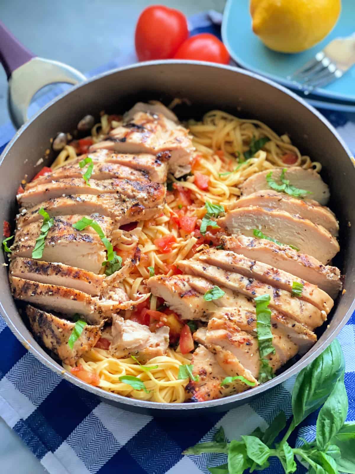 Lemon Bruschetta Pasta with Grilled Chicken from KatiesCucina.com