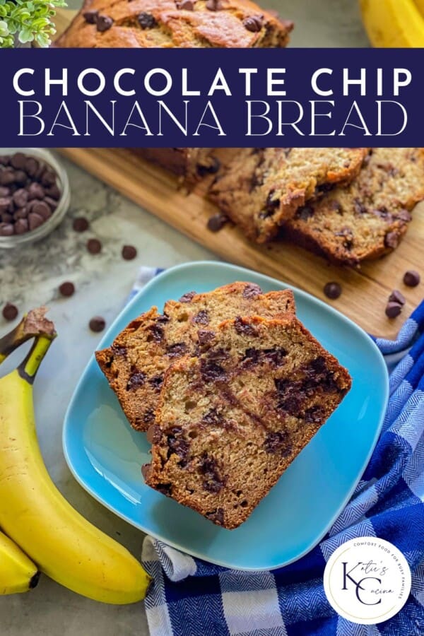 Blue plate filled with slices of banana bread on a counter with text on image for Pinterest.