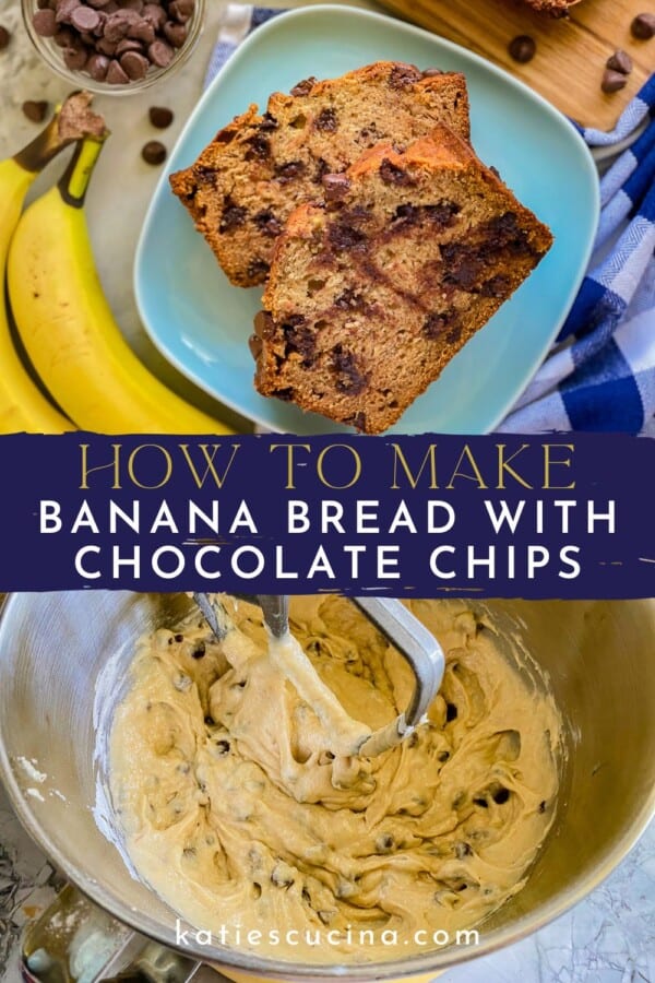 blue plated filled with banana bread slices divided by recipe title text with a metal bowl filled with batter below.