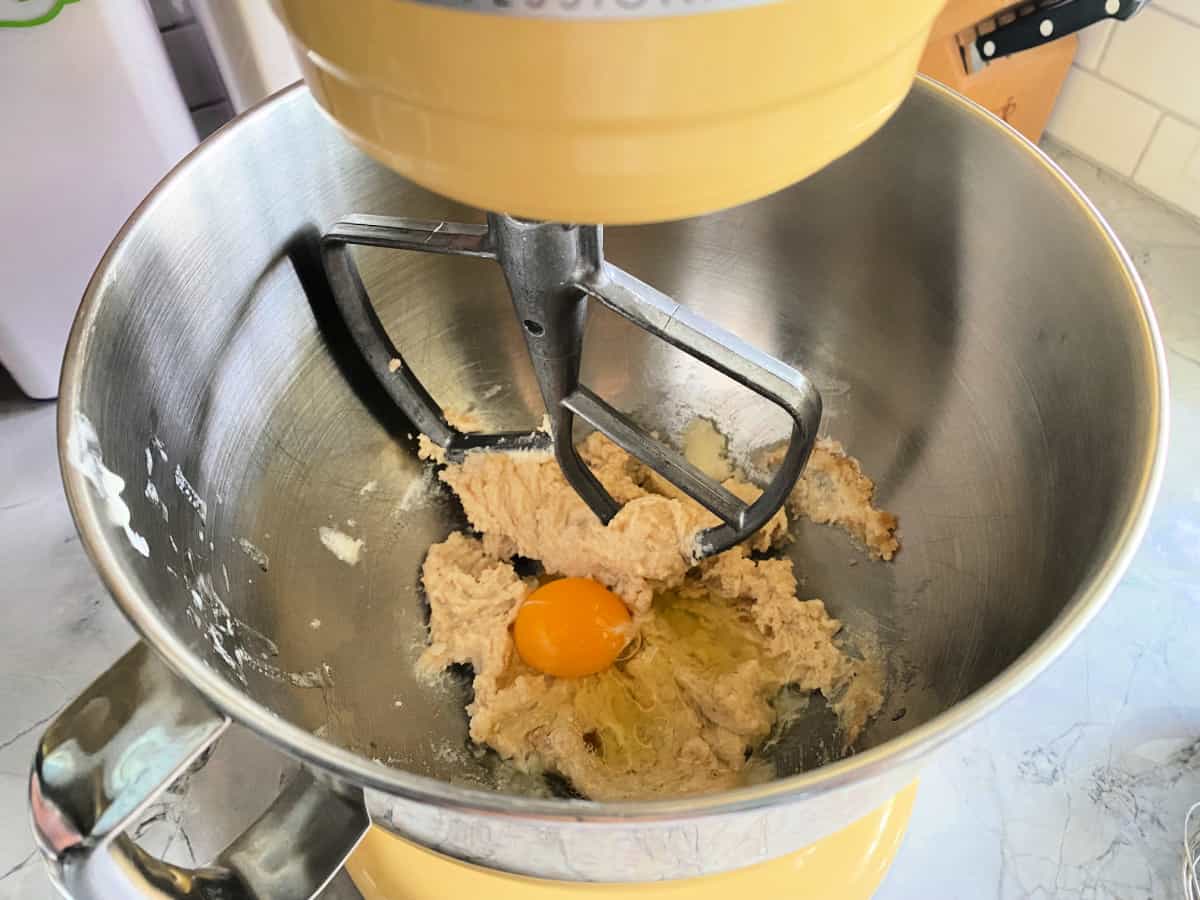 Creamed butter and sugar and egg in a stainless steel mixer.