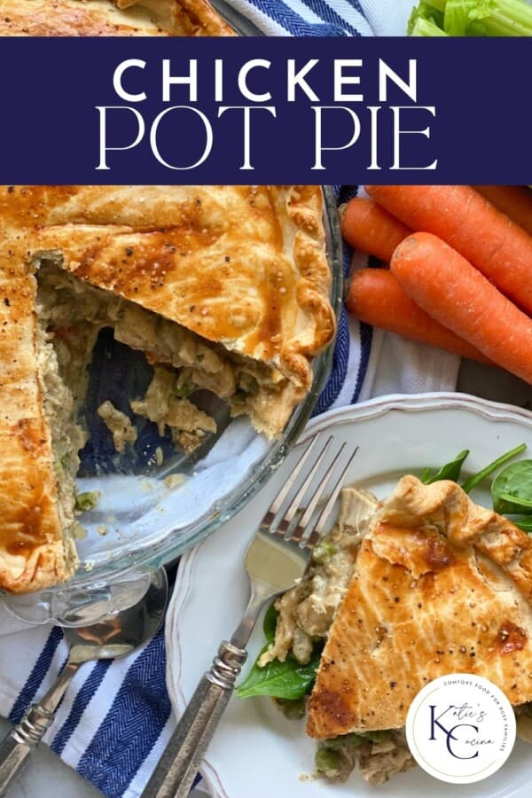 Pie with a pieces removed and on a white plate with recipe title text on image for Pinterest with logo on bottom right corner.