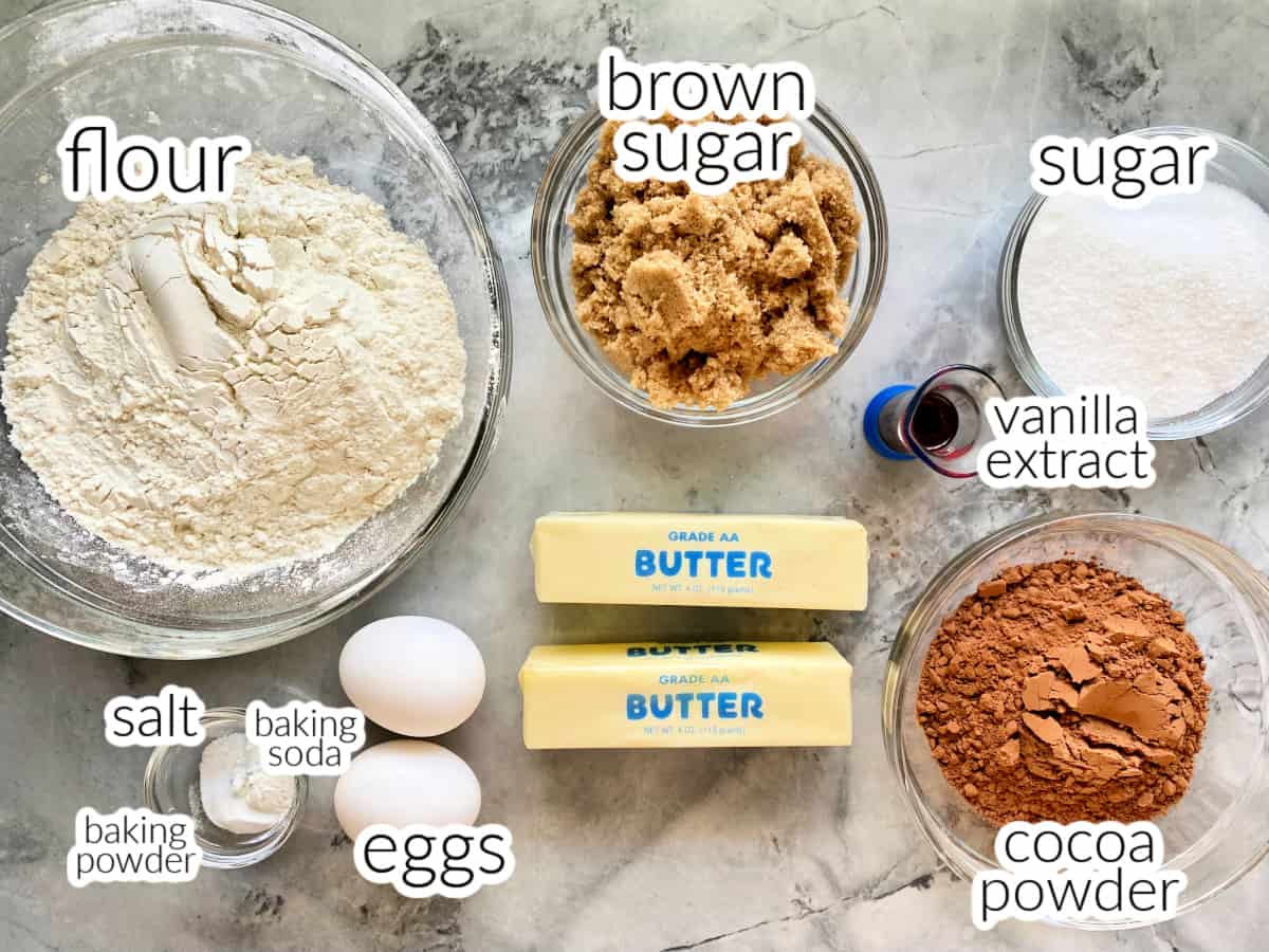 ingredients on marble counter; flour, brown sugar, sugar, vanilla extract, salt, baking soda, baking powder, eggs, two sticks of butter, an cocoa powder