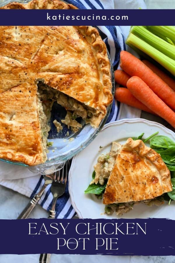 Pie with a pieces removed and on a white plate with carrots and celery next to it and recipe title text on image for Pinterest.