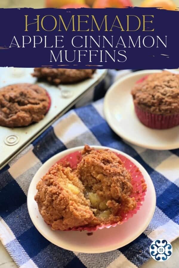 Text on image: "homemade apple cinnamon muffins" with photo of apple cinnamon muffin on a small white plate on a blue and white checkered cloth, muffins and apples in the background.