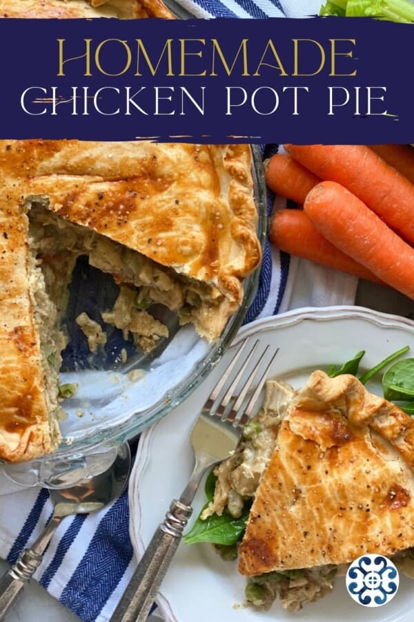 Pie with a pieces removed and on a white plate with recipe title text on image for Pinterest and logo on right corner.