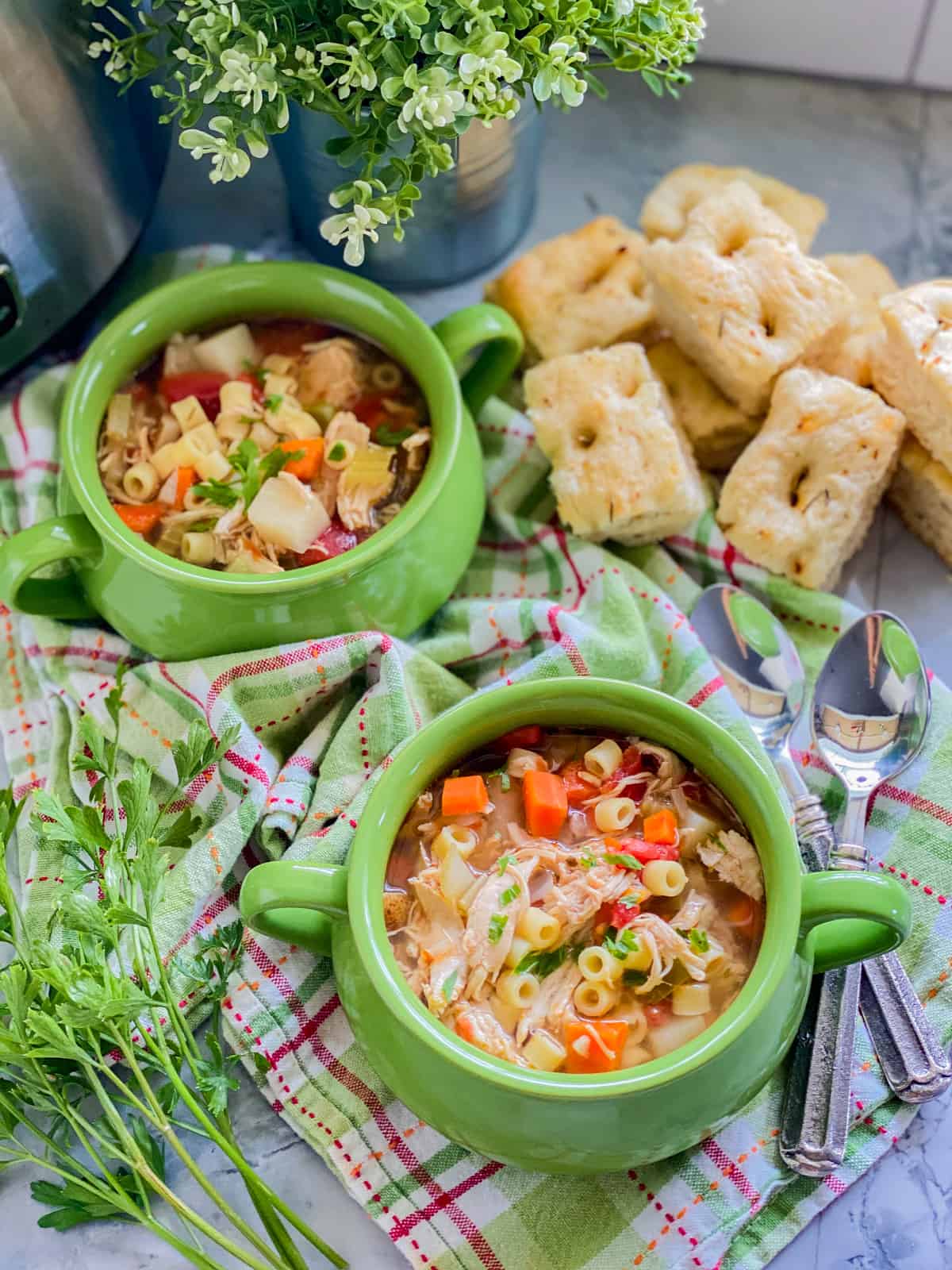 Image with two green bowls with italian chicken soup on a green and pink plaid cloth and cilantro and bread in the background.
