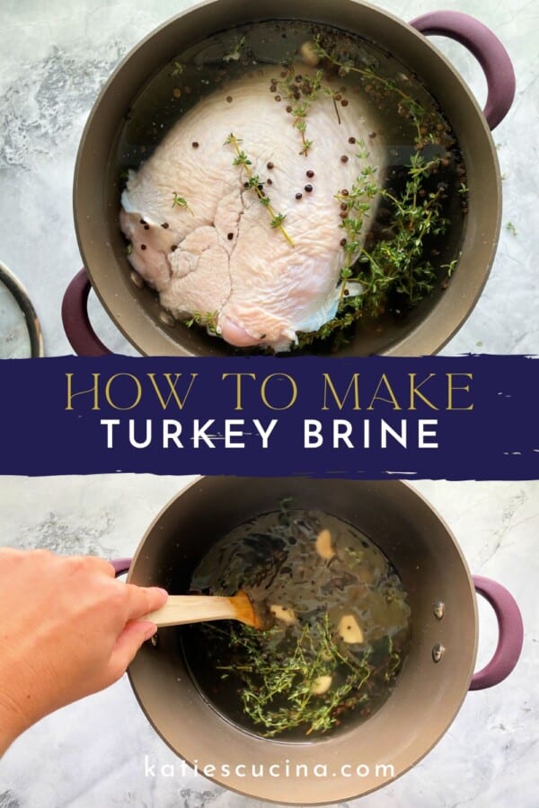 Brown pot with raw turkey breast in liquid divided by recipe title text on image for Pinterest with a hand stirring the liquid in the brown pot below it.