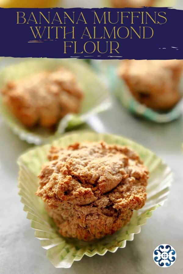 Close up of a muffin sitting on a green wrapper with text on image for pinterest.