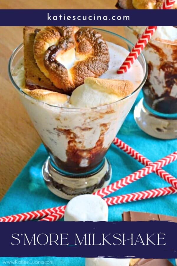 Glass with toasted marshmallow and red striped straw with text on image for Pinterest.