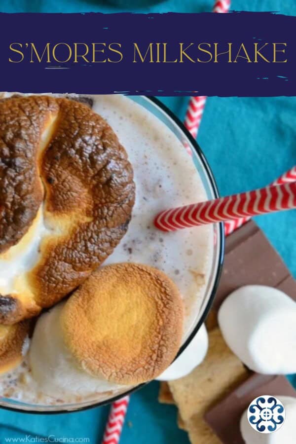 Top view of a glass with toasted marshmallows with text on image for Pinterest.