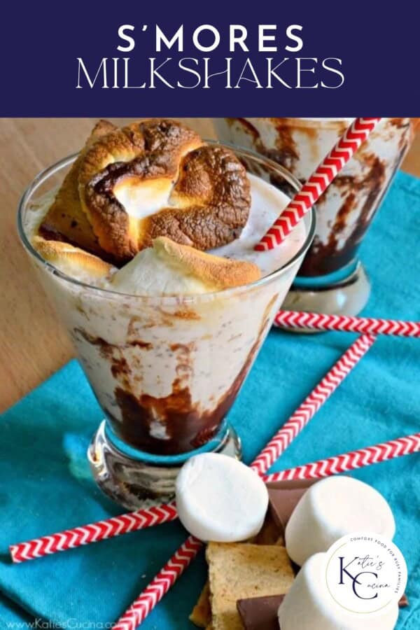 Two glasses filled with milkshakes and red striped stars with text on image for Pinterest.