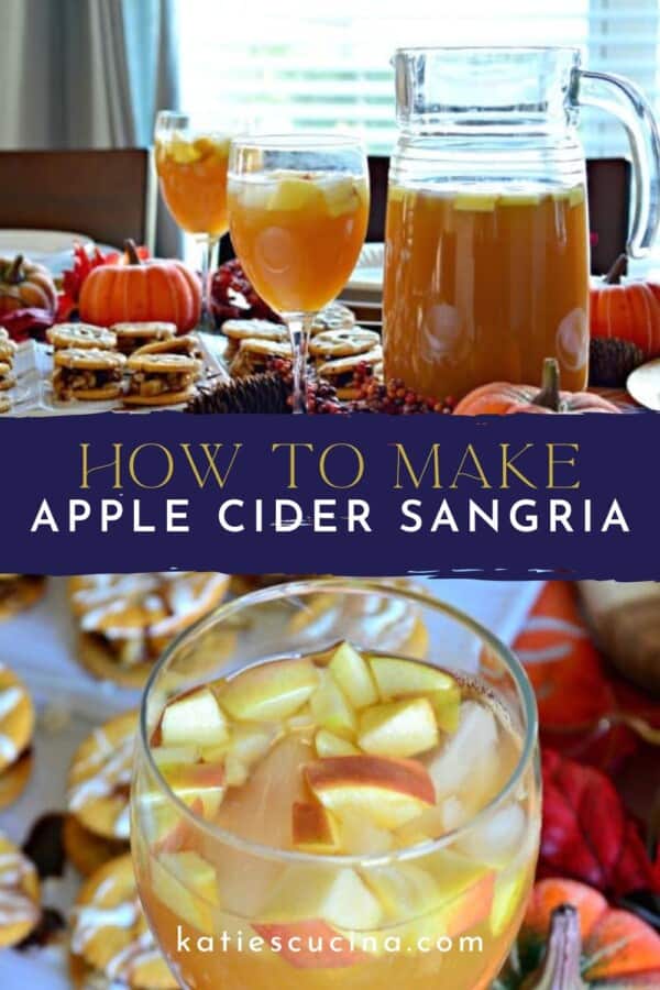 Glass pitcher filled with sangria with two glasses divided by text on image for Pinterest with a glass filled with sangria.