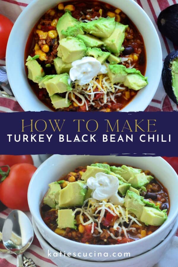 Two photos of different angles of a bowl of chili topped with avocado, cheese, and sour cream with text on image for Pinterest.