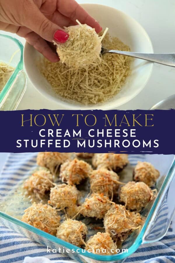 Female hand holding raw mushroom divided by text on image for Pinterest with cooked stuffed mushrooms below.