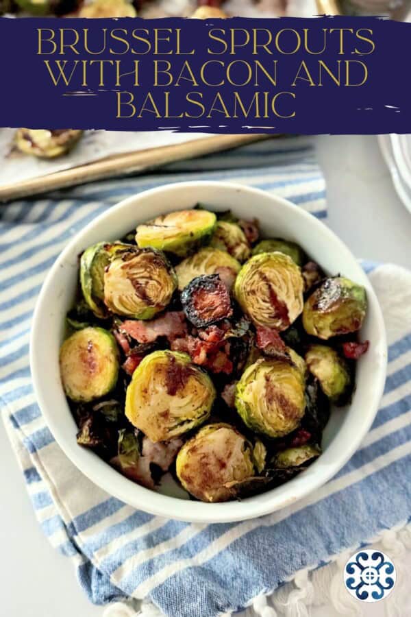 White bowl filled with sliced brussels sprouts with text on image for Pinterest.