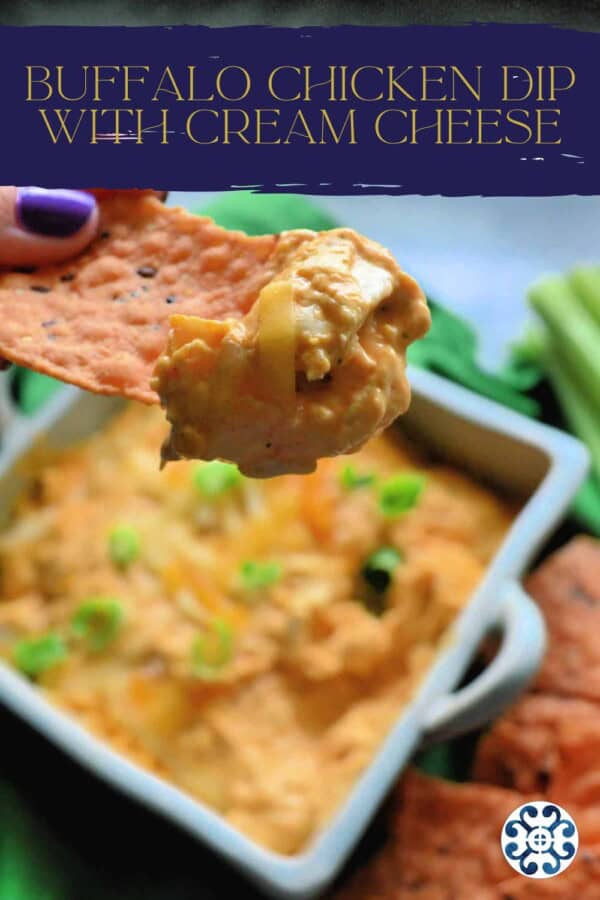 Female hand with purple nails holding a red chip with dip on it and text on image for Pinterest.