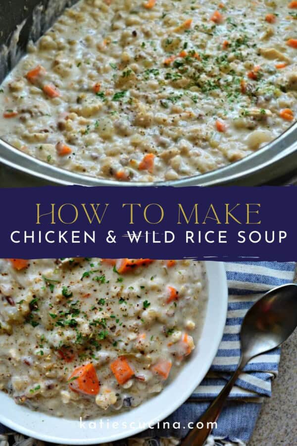 Close up of creamy soup in a slow cooker divided by text on image for pinterest with a bowl of soup below.