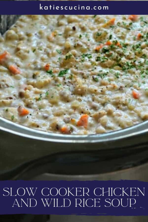 Slow cooker filled with creamy soup with text on image for Pinterest.