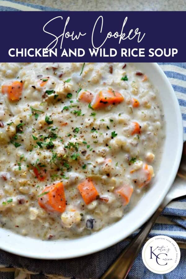 White bowl filled with creamy soup with text on image for Pinterest.
