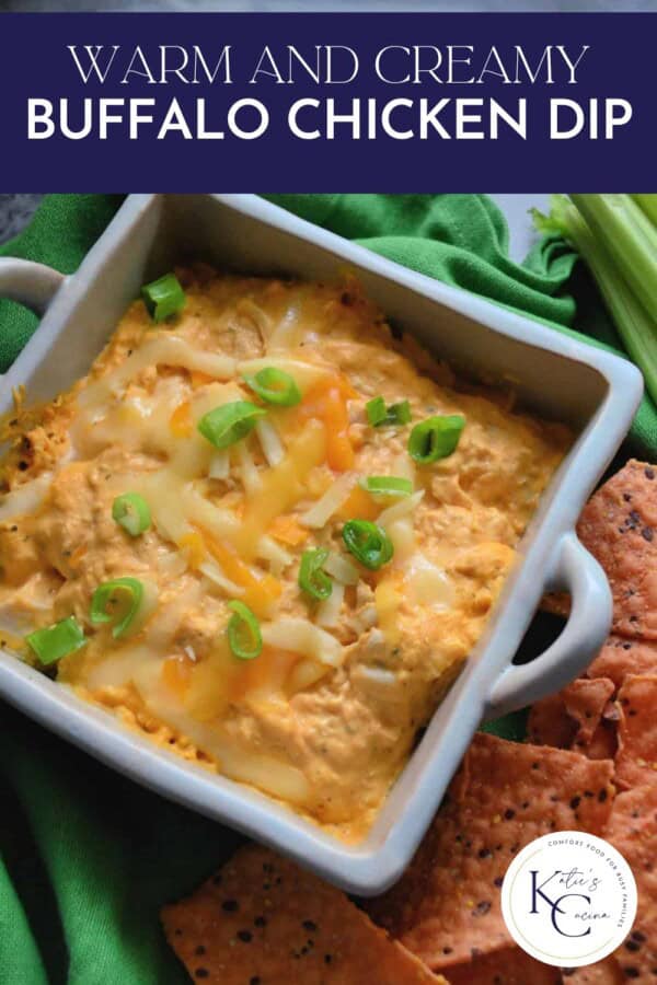Square bowl filled with buffalo chicken dip with recipe title text on image for Pinterest.