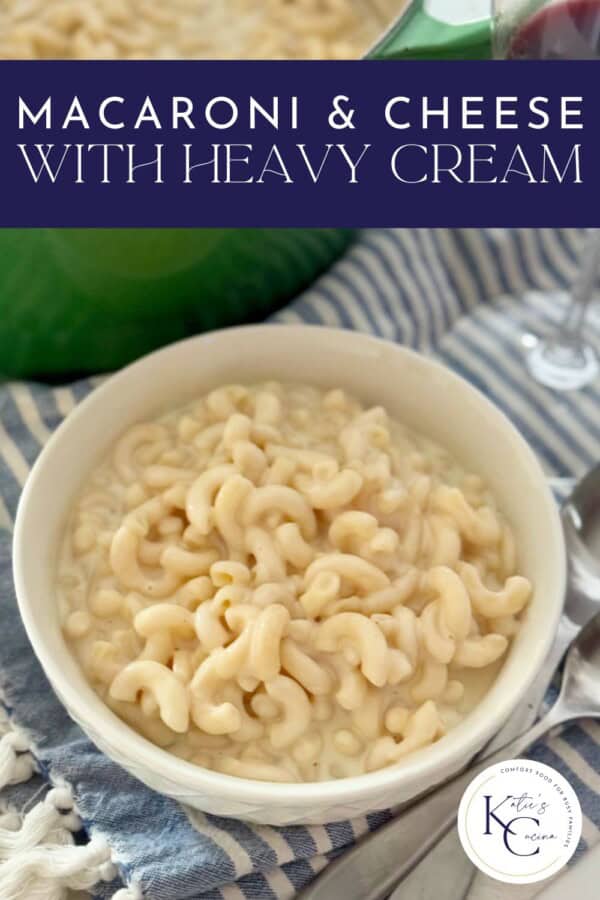 White bowl filled with mac and cheese with green pot in background and text on image for Pinterest.