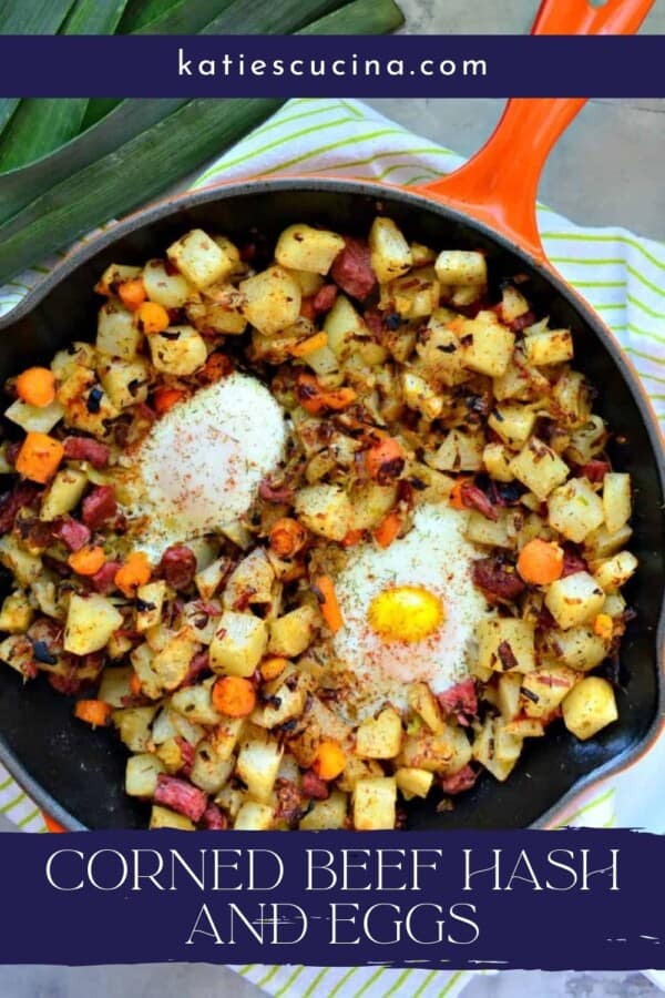 Orange cast iron skillet with potatoes and eggs with text on image for Pinterest.