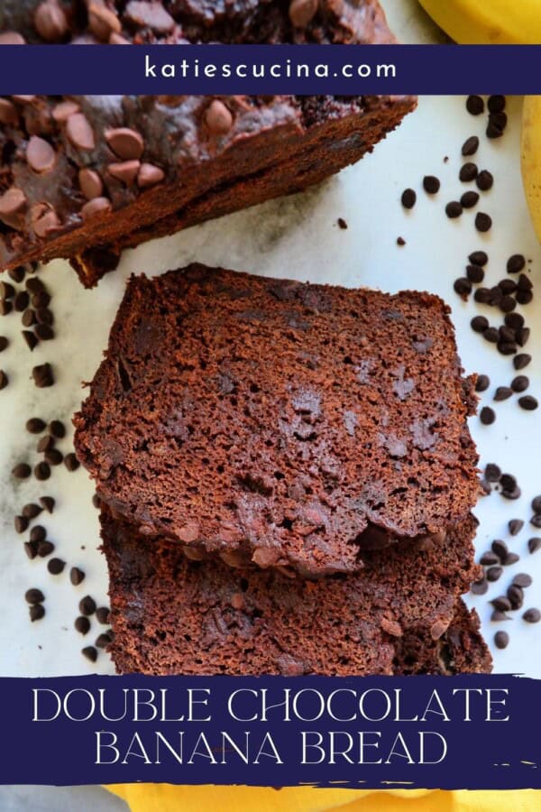 Slices of chocolate bread on a marble top with text on image for Pinterest.