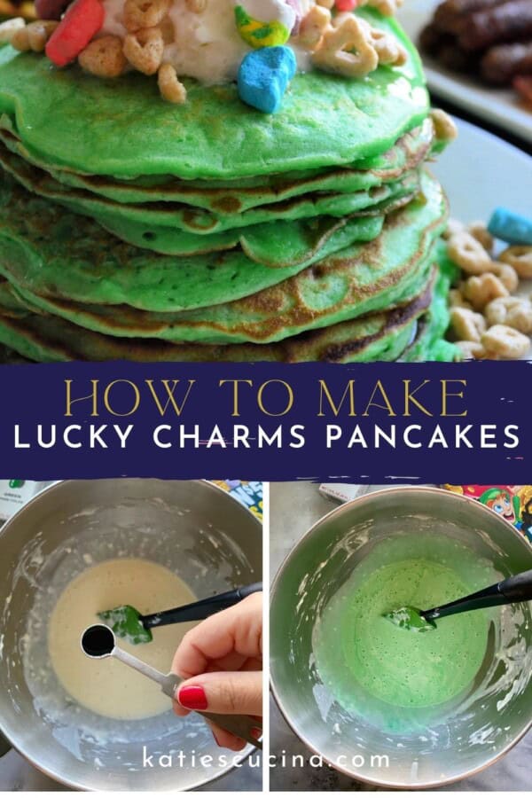 Stacked green pancakes divided by text with two bowls underneath of dyed batter.