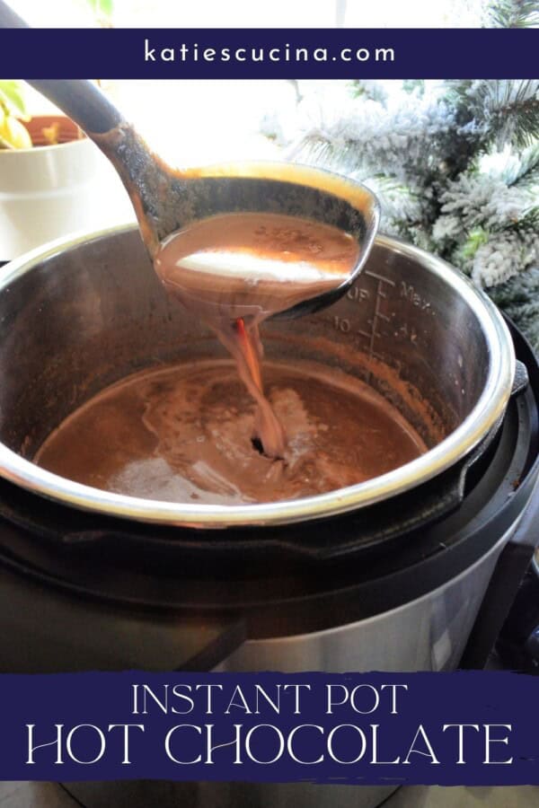 Instant Pot with black ladle with hot cocoa with text on image for Pinterest.
