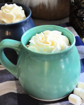 Two mugs with whipped cream with mini marshmallows on blue and white checkered cloth.